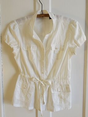White Cotton Button-Front Tie-Waist Pocket Utility Shirt - Size Small